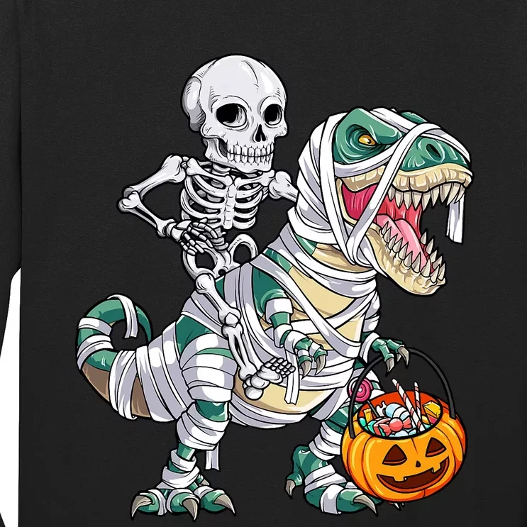 Skeleton Riding Mummy Dinosaur T Rex Halloween Long Sleeve Shirt