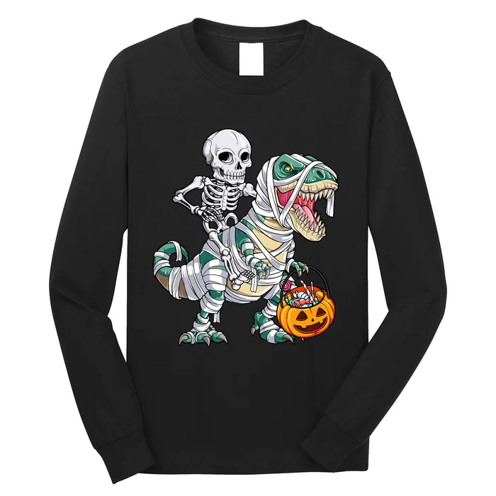 Skeleton Riding Mummy Dinosaur T Rex Halloween Long Sleeve Shirt