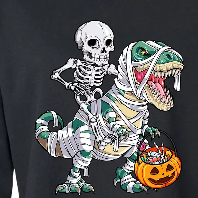 Skeleton Riding Mummy Dinosaur T Rex Halloween Cropped Pullover Crew