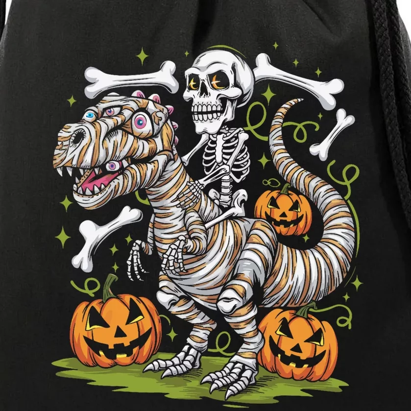 Skeleton Riding Mummy Dinosaur T Rex Halloween Drawstring Bag