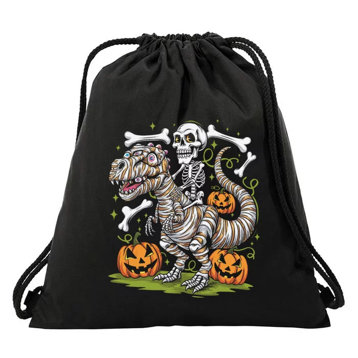 Skeleton Riding Mummy Dinosaur T Rex Halloween Drawstring Bag