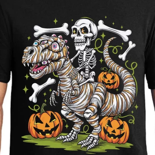 Skeleton Riding Mummy Dinosaur T Rex Halloween Pajama Set