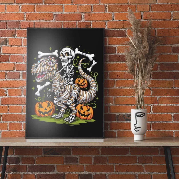 Skeleton Riding Mummy Dinosaur T Rex Halloween Poster