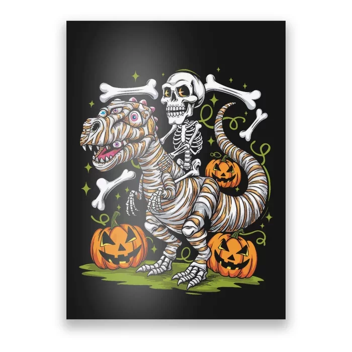 Skeleton Riding Mummy Dinosaur T Rex Halloween Poster