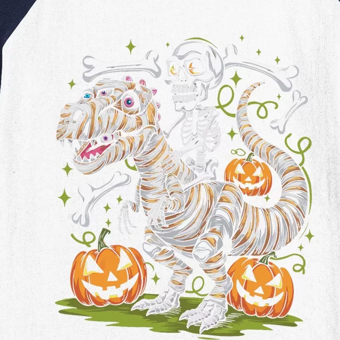 Skeleton Riding Mummy Dinosaur T Rex Halloween Baseball Sleeve Shirt