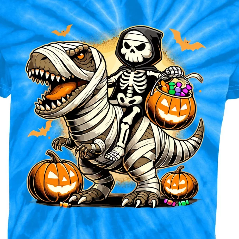 Skeleton Riding Mummy Dinosaur Halloween Pumpkin Cool Gift Kids Tie-Dye T-Shirt