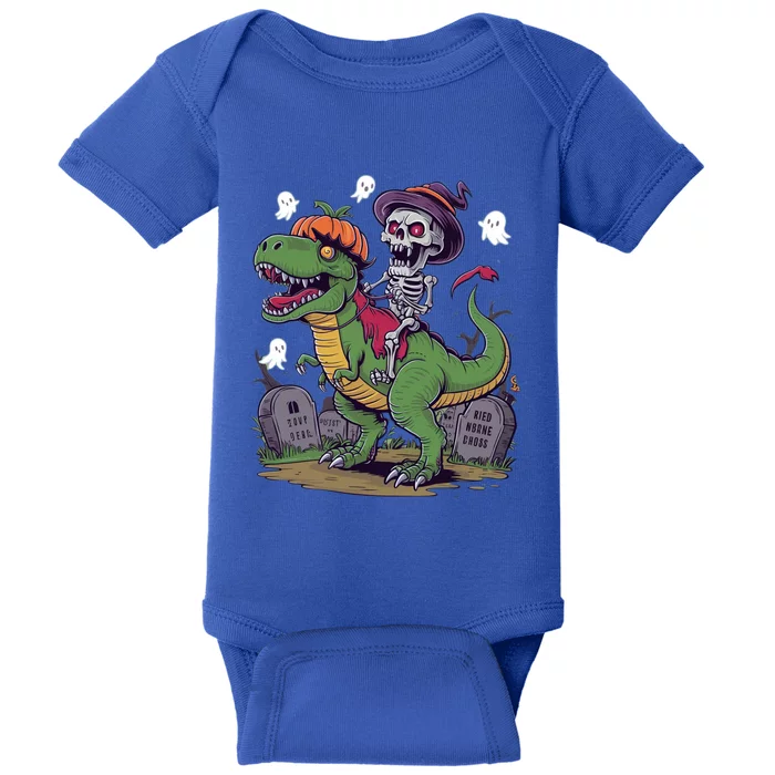 Skeleton Riding Mummy Dinosaur T Rex Halloween Funny Pumpkin Gift Baby Bodysuit