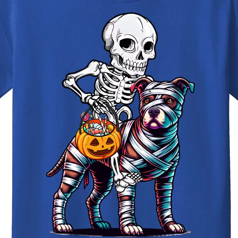 Skeleton Riding Mummy Pitbull Dog Halloween Funny Pumpkin Kids T-Shirt