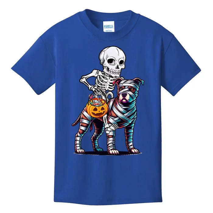 Skeleton Riding Mummy Pitbull Dog Halloween Funny Pumpkin Kids T-Shirt