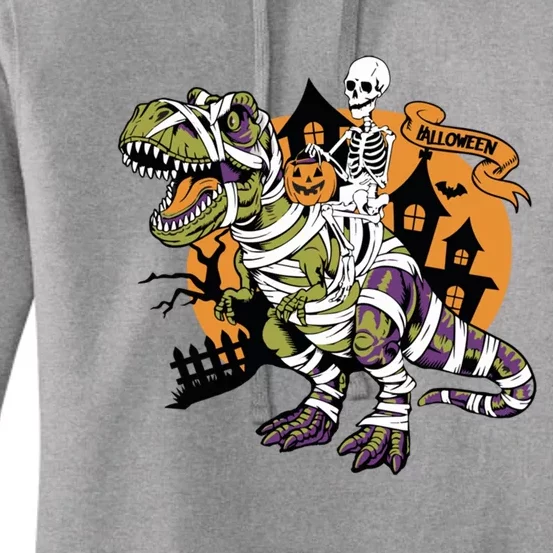 Skeleton Riding Mummy Dinosaur T Rex Halloween Spook Lovers Gift Women's Pullover Hoodie