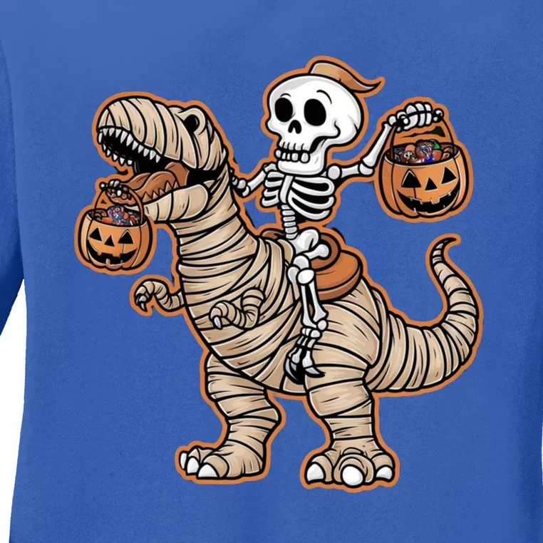 Skeleton Riding Mummy Trex Halloween Delight Ladies Long Sleeve Shirt