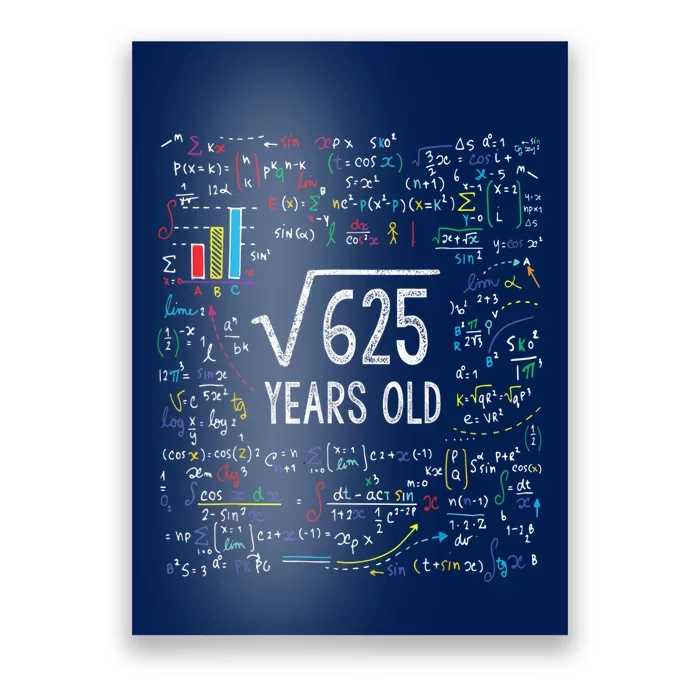 Square Root Of 625 25th Birthday 25 Year Old Gifts Math Bday Poster