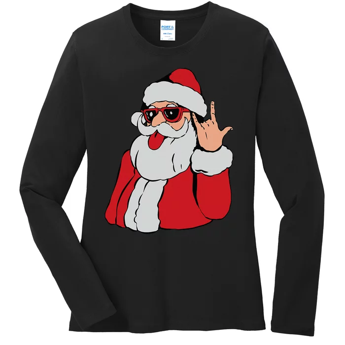 Santa Rock On Hand Christmas Pajama Cool XMas Rocker Ladies Long Sleeve Shirt