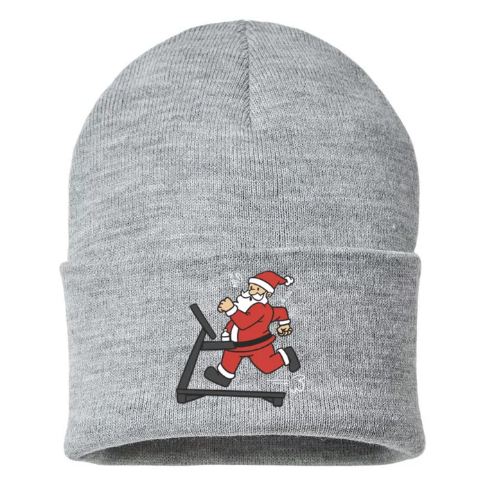 Santa Running On Treadmill Funny Fitness Sustainable Knit Beanie