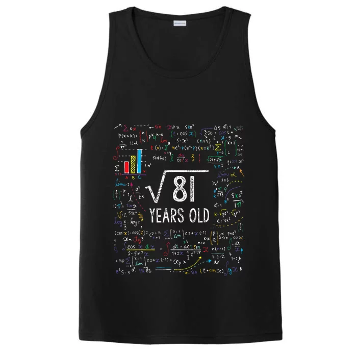 Square Root Of 81 9th Birthday 9 Year Old Gifts Math Bday Performance Tank