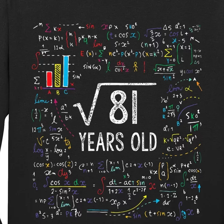 Square Root Of 81 9th Birthday 9 Year Old Gifts Math Bday Tall Long Sleeve T-Shirt