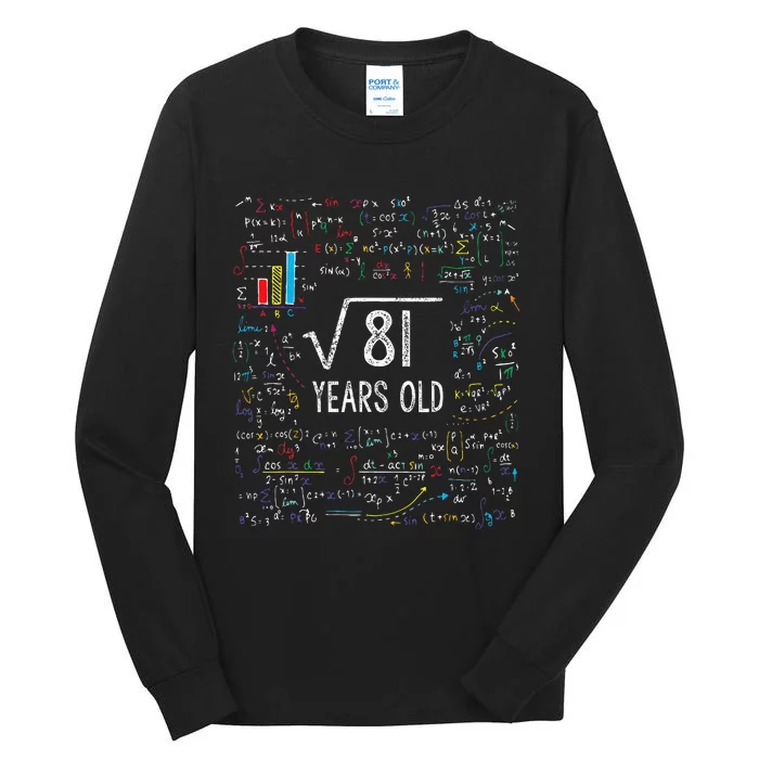 Square Root Of 81 9th Birthday 9 Year Old Gifts Math Bday Tall Long Sleeve T-Shirt