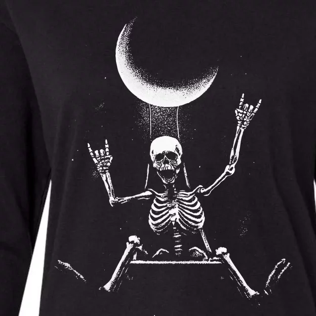 Skeleton Rock On Moon Spooky Halloween Rock Bands Concerts Womens Cotton Relaxed Long Sleeve T-Shirt