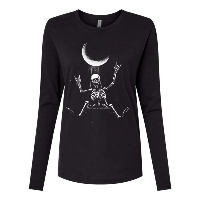 Skeleton Rock On Moon Spooky Halloween Rock Bands Concerts Womens Cotton Relaxed Long Sleeve T-Shirt