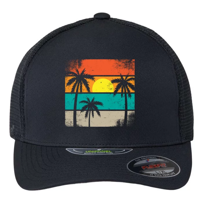 Summer Retro Palm Trees Tropical Flexfit Unipanel Trucker Cap