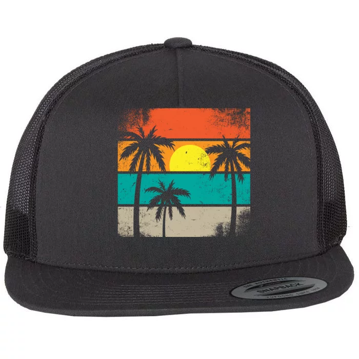 Summer Retro Palm Trees Tropical Flat Bill Trucker Hat