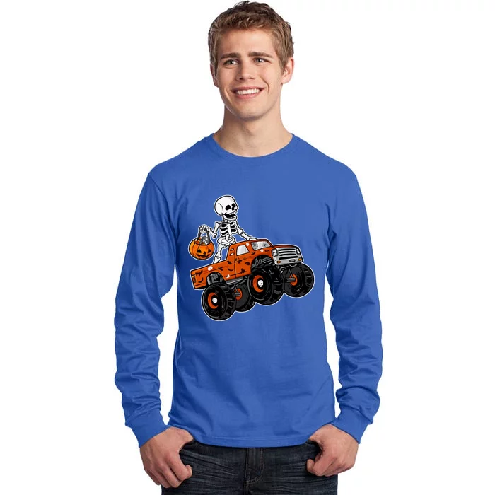 Skeleton Riding Pumpkin Monster Truck Halloween Costume Cool Gift Tall Long Sleeve T-Shirt