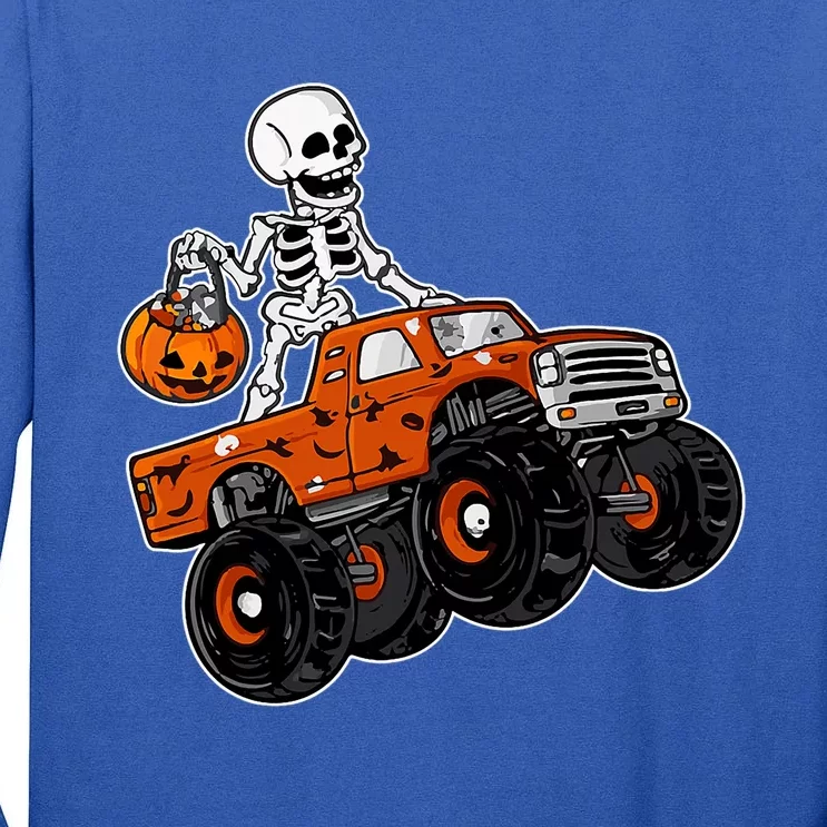 Skeleton Riding Pumpkin Monster Truck Halloween Costume Cool Gift Tall Long Sleeve T-Shirt