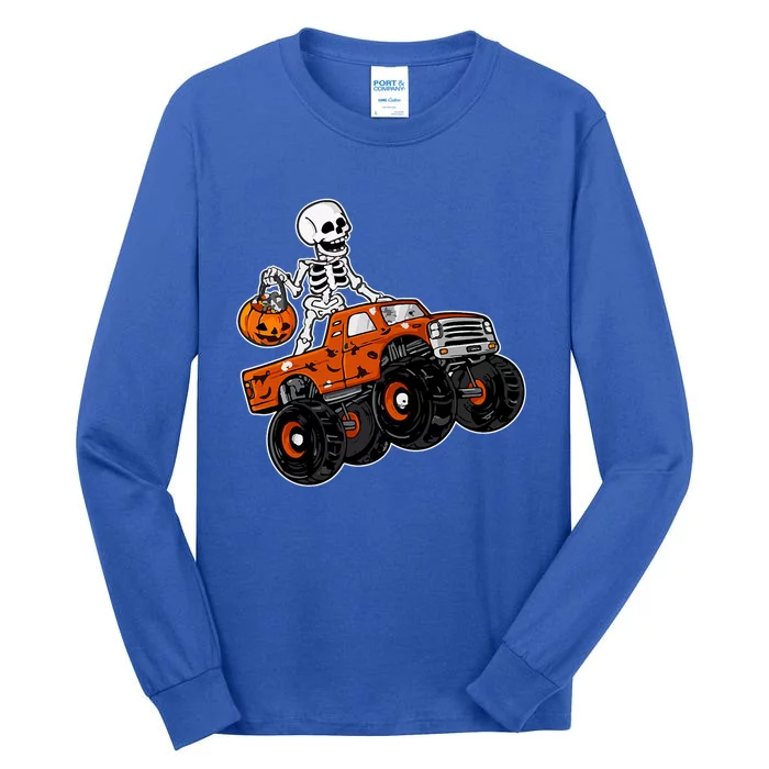 Skeleton Riding Pumpkin Monster Truck Halloween Costume Cool Gift Tall Long Sleeve T-Shirt