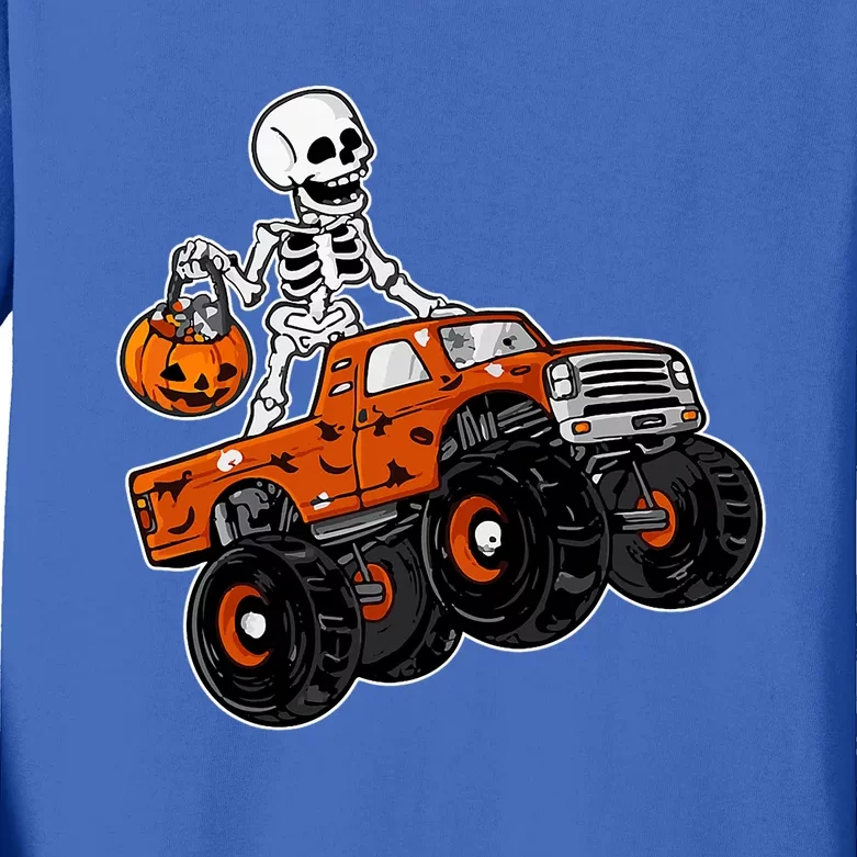 Skeleton Riding Pumpkin Monster Truck Halloween Costume Cool Gift Kids Long Sleeve Shirt