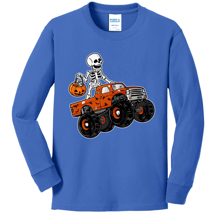 Skeleton Riding Pumpkin Monster Truck Halloween Costume Cool Gift Kids Long Sleeve Shirt