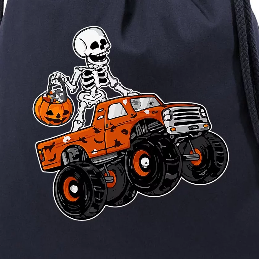 Skeleton Riding Pumpkin Monster Truck Halloween Costume Cool Gift Drawstring Bag