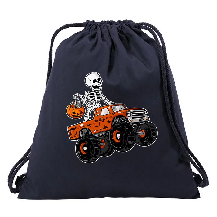 Skeleton Riding Pumpkin Monster Truck Halloween Costume Cool Gift Drawstring Bag