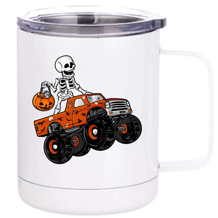 Skeleton Riding Pumpkin Monster Truck Halloween Costume Cool Gift Front & Back 12oz Stainless Steel Tumbler Cup