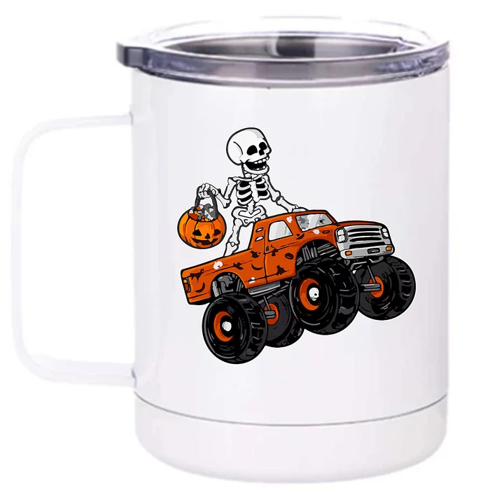 Skeleton Riding Pumpkin Monster Truck Halloween Costume Cool Gift Front & Back 12oz Stainless Steel Tumbler Cup