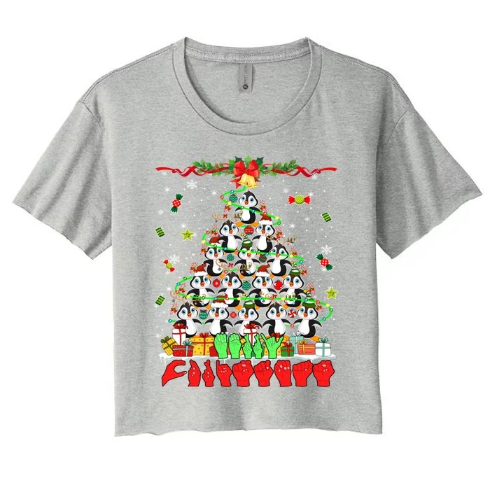 Santa Reindeer Penguins Xmas Tree Hands Sign Language Gift Women's Crop Top Tee