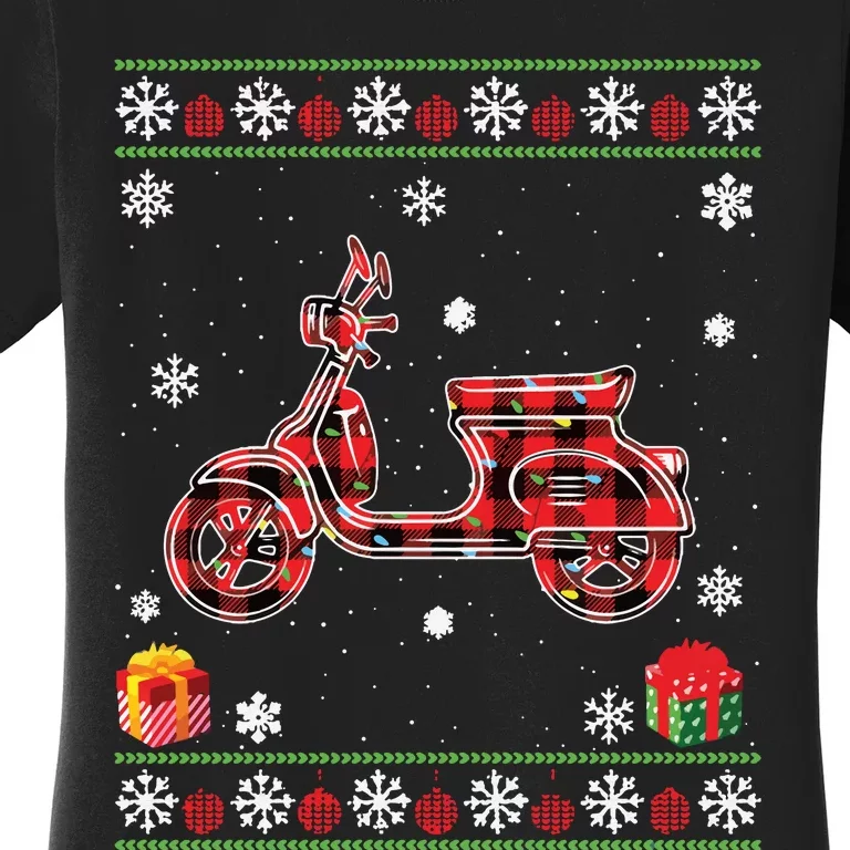 Scooters Red Plaid Xmas Lights Ugly Christmas Sweater Long Sleeve Women's T-Shirt