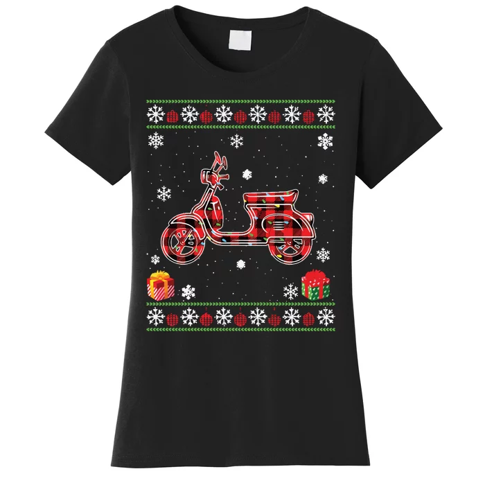 Scooters Red Plaid Xmas Lights Ugly Christmas Sweater Long Sleeve Women's T-Shirt