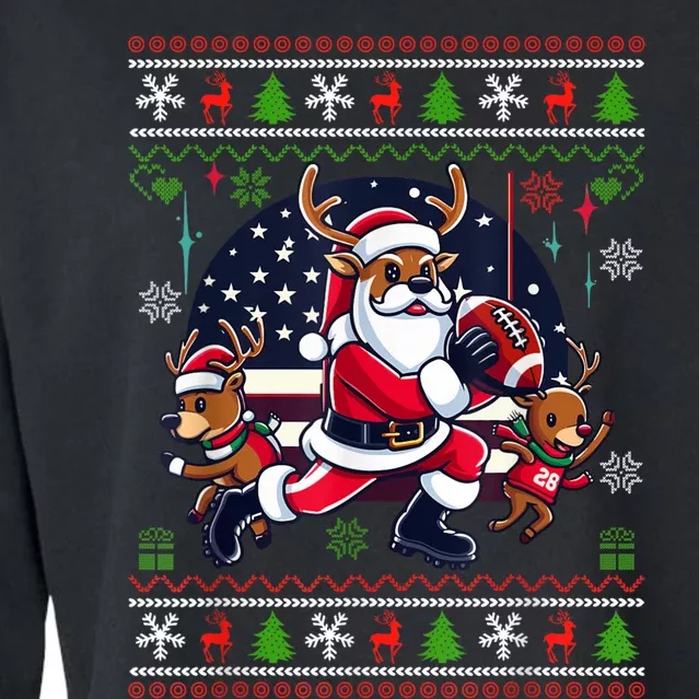 Santa Reindeer Play American Football Ugly Christmas Cropped Pullover Crew