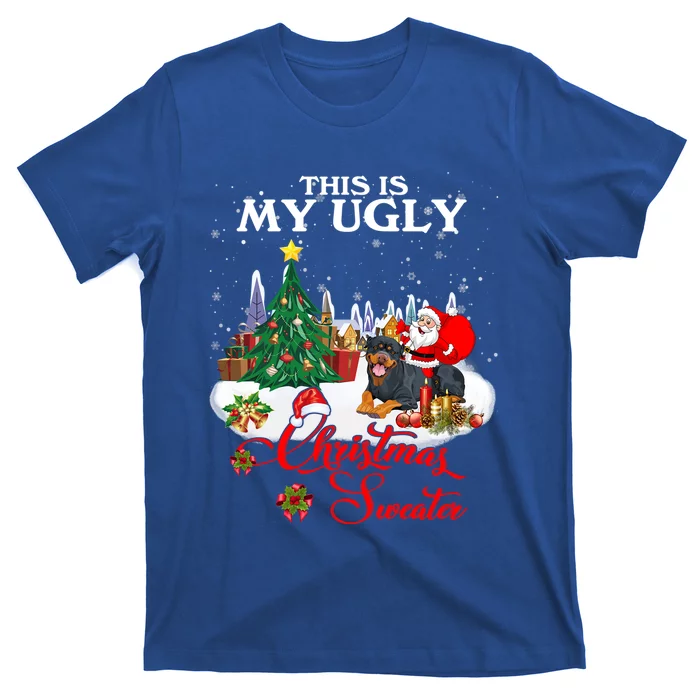 Santa Riding Rottweiler This Is My Ugly Christmas Sweater Funny Gift T-Shirt