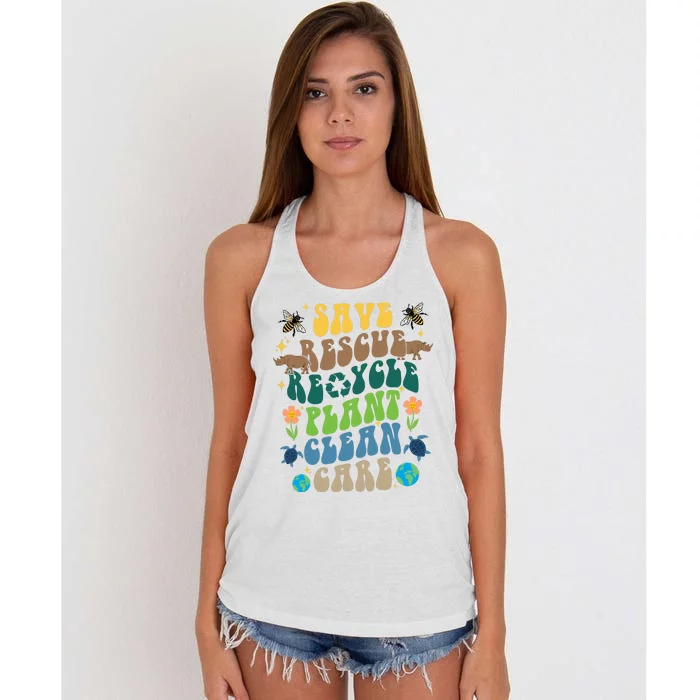 Save Rescue Recycle Plant Clean Care Earth Day Women's Knotted Racerback Tank