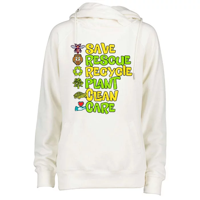 Save Rescue Recycle Plant Clean Care Earth Day Funny Gift Womens Funnel Neck Pullover Hood