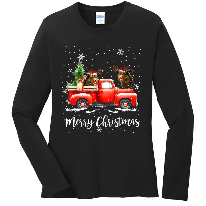 Squirrel Riding Red Truck Christmas Decorations Pajama Ladies Long Sleeve Shirt