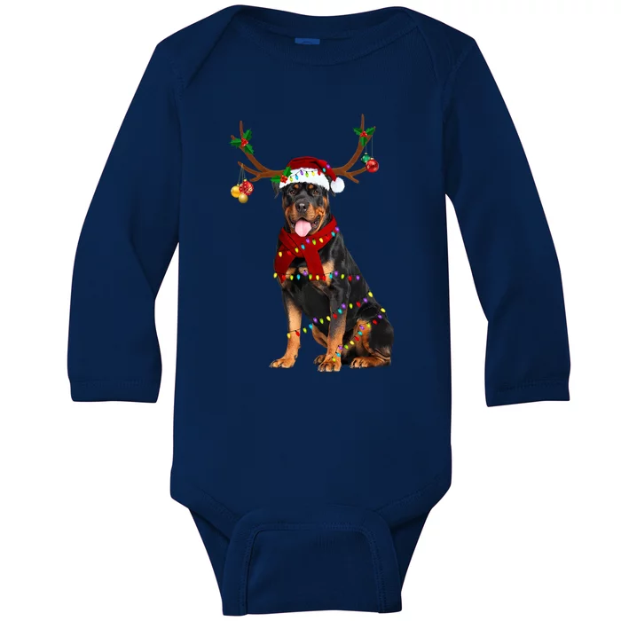 Santa Rottweiler Reindeer Light Christmas Funny Gift Baby Long Sleeve Bodysuit