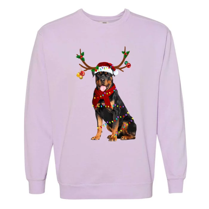 Santa Rottweiler Reindeer Light Christmas Funny Gift Garment-Dyed Sweatshirt