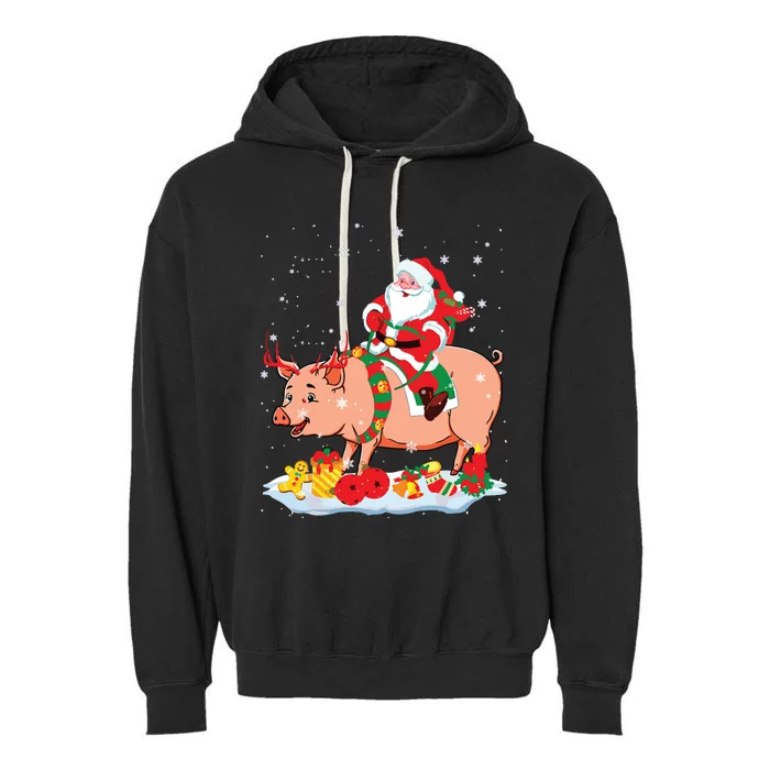 Santa Riding Reindeer Pig Xmas Pig Farmer Lover Garment-Dyed Fleece Hoodie