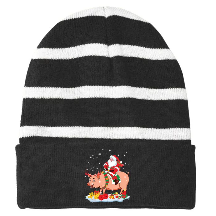 Santa Riding Reindeer Pig Xmas Pig Farmer Lover Striped Beanie with Solid Band