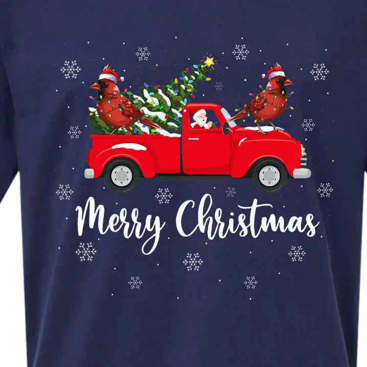 Santa Riding Red Truck Northern Cardinal Bird Christmas Sueded Cloud Jersey T-Shirt