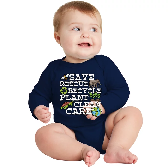 Save Rescue Recycle Plant Clean Care Earth Day Anniversary Cute Gift Baby Long Sleeve Bodysuit