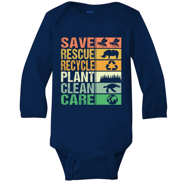 Save Rescue Recycle Plant Clean Care Retro Vintage Earth Day Gift Baby Long Sleeve Bodysuit