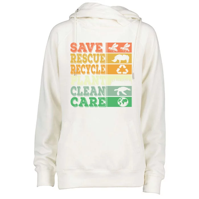 Save Rescue Recycle Plant Clean Care Retro Vintage Earth Day Gift Womens Funnel Neck Pullover Hood